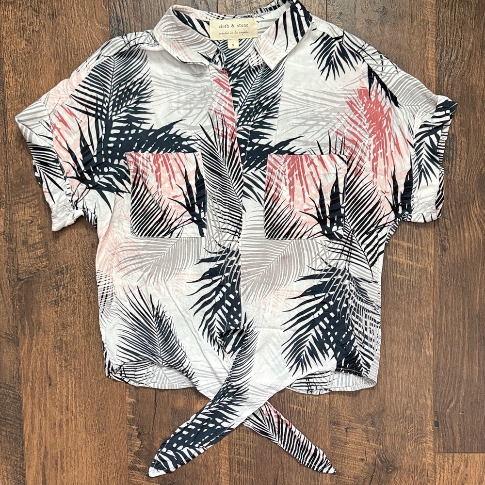 Cloth & Stone Palm Print Button Down Shirt - Black and Pink